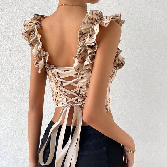 Apricot Boho Women's Floral Print Lace Up Backless Bustier Crop Wide Strap Top - Picture 2 of 6